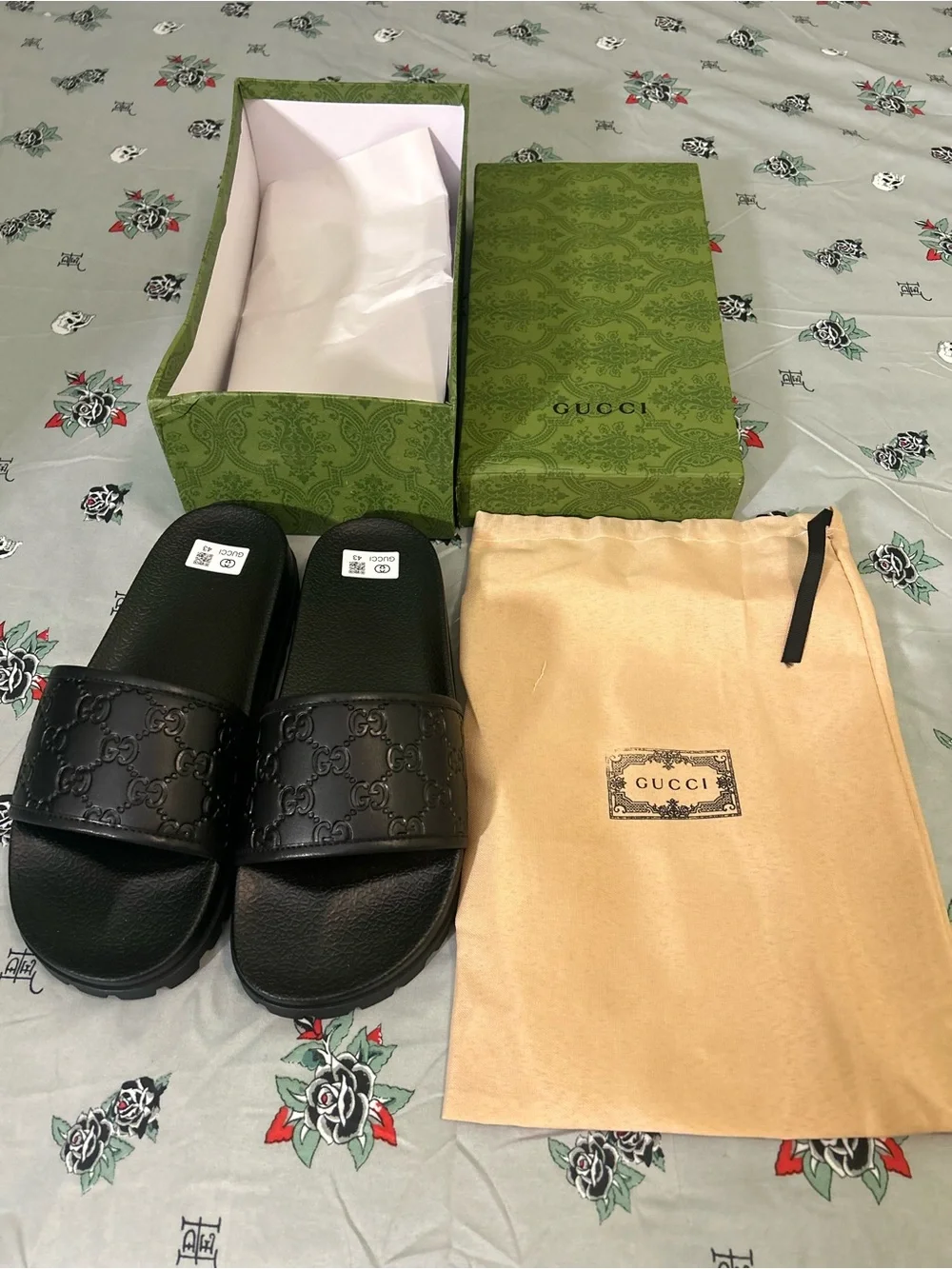 Gucci Black Embossed GG Leather Slide Sandals for Men